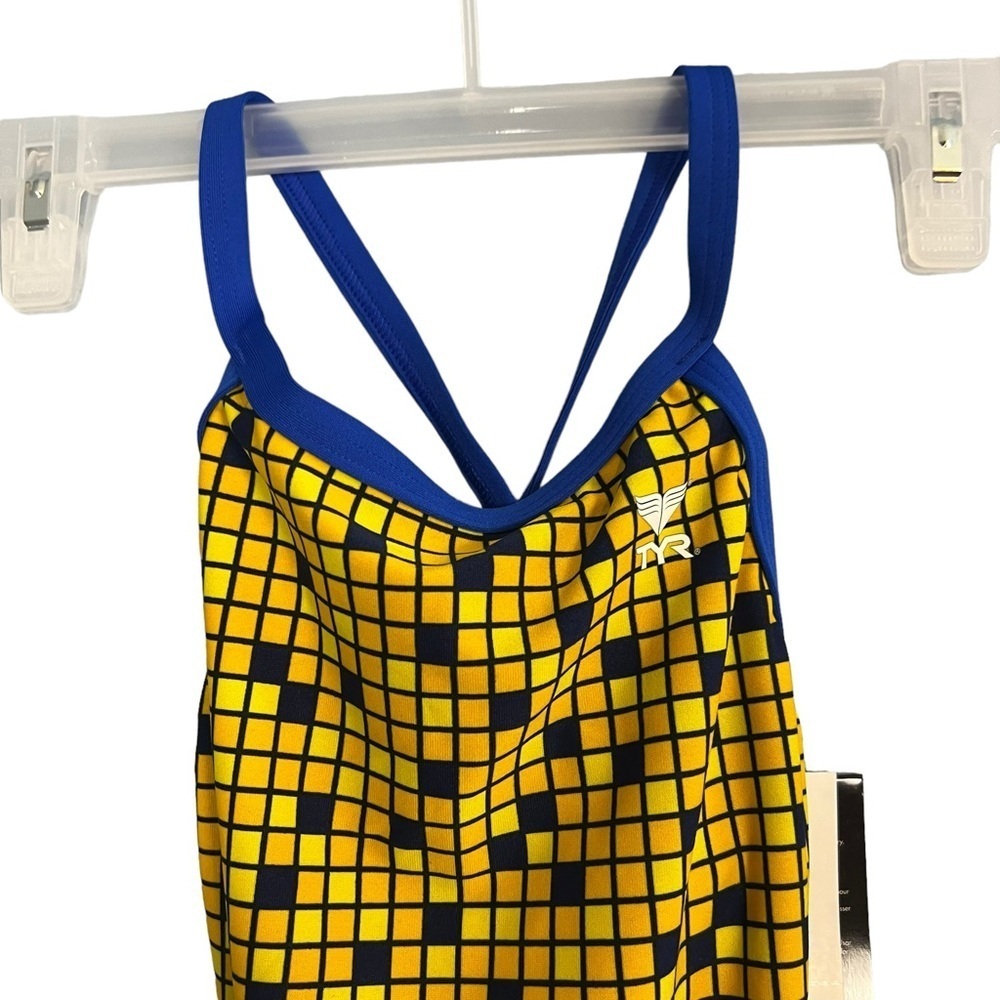 TYR Swimsuit One Piece Block Squares Yellow Black Open Back - Picture 10 of 13